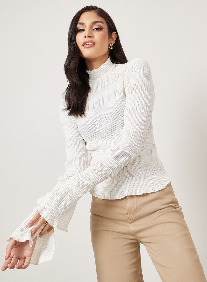 Styli Textured High Neck Fitted Knit Top with Flute Sleeve - Image 1